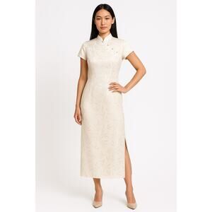 NWT 1990s J.R. Nites Jacquard Qipao Sheath Dress Ivory Floral Petites 10 NWT
